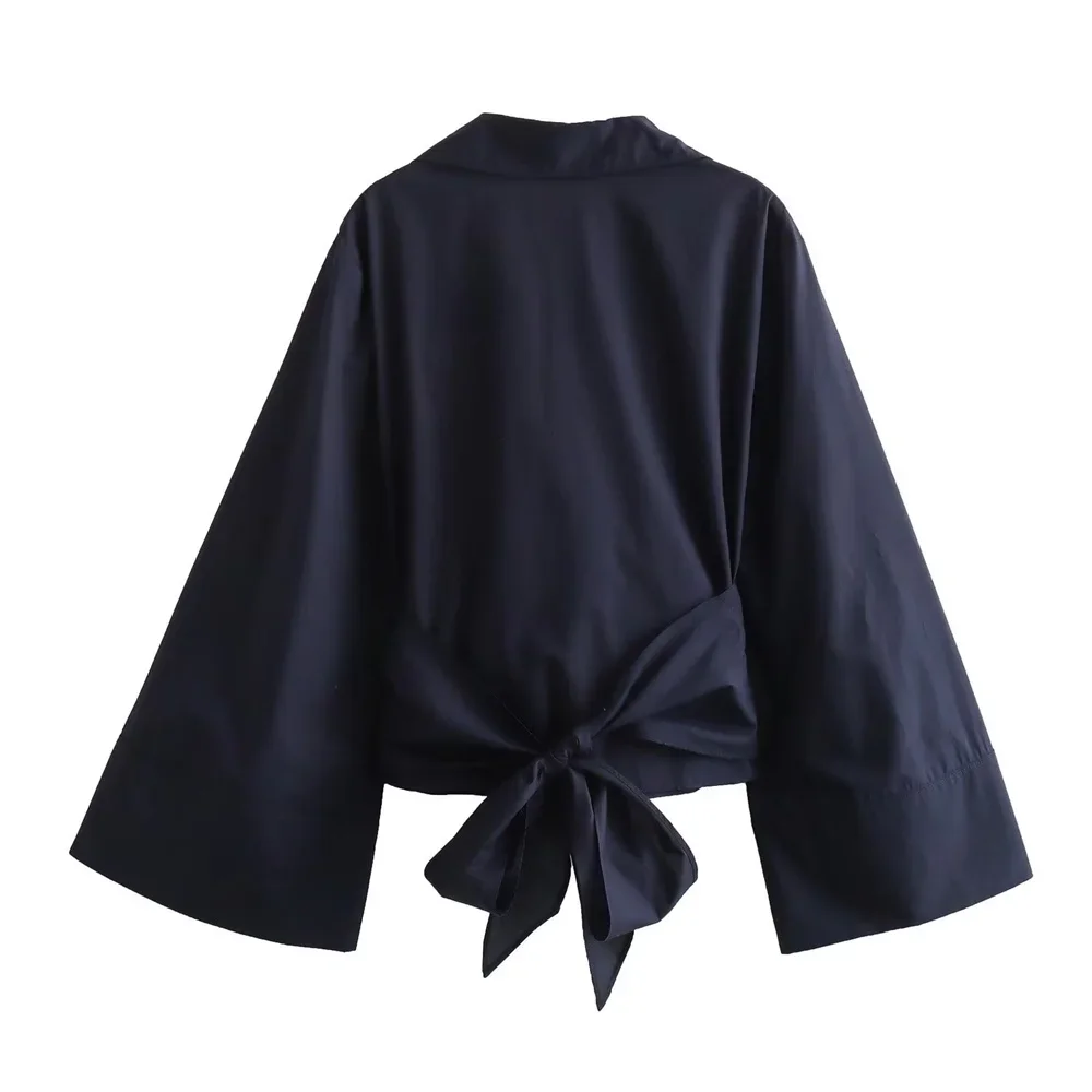 New Women's Fashion Casual Polo Neck Bow Tie up Short Edition Double Breasted Poplin Shirt 3