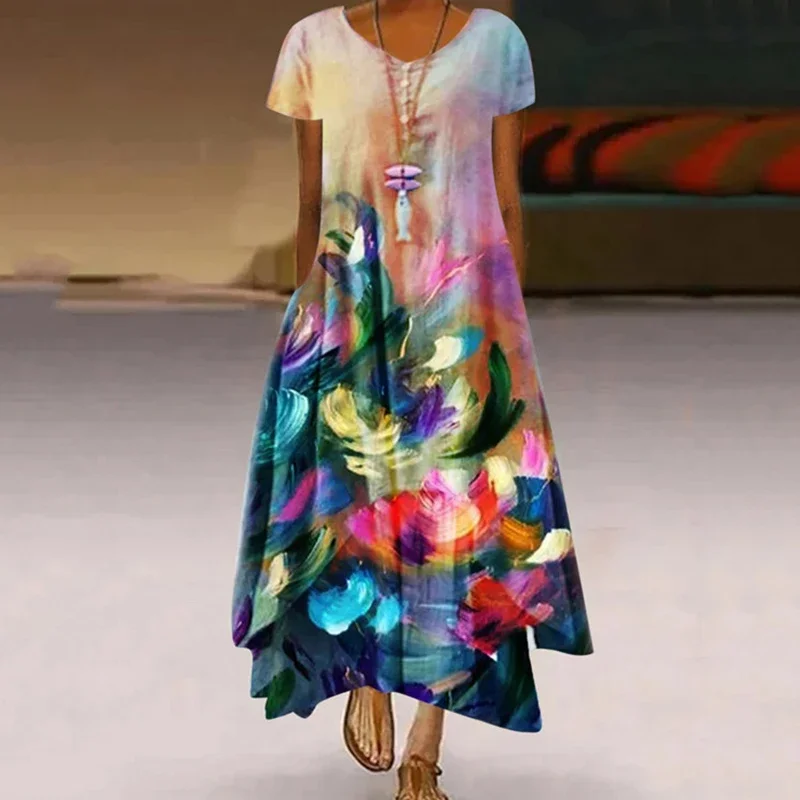 Women's Fashionable Dandelion Short Sleeved Dress Summer Casual Print Long Dress 5