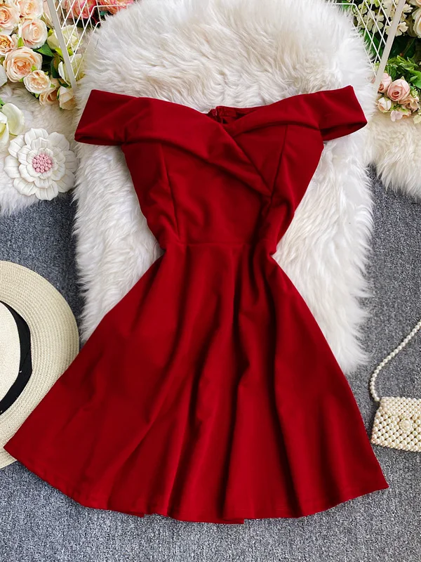 Summer Sexy One oulder A-Line Dr Slimming Pure Color High Waist ort Skirt Women's Faion Commute Korean Sle Folded 1
