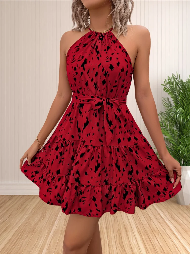 Women 2024 Summer Halter Neck Dresses Sleeveless Casual Floral Polka Dot Print Short Boho Ruffle Sundress 4