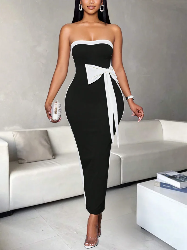 Ladies Fashion Elegant Color Block Knot Design One Shoulder Dress Stylish Graceful Versatile Butterfly Bow Dress for Women 6