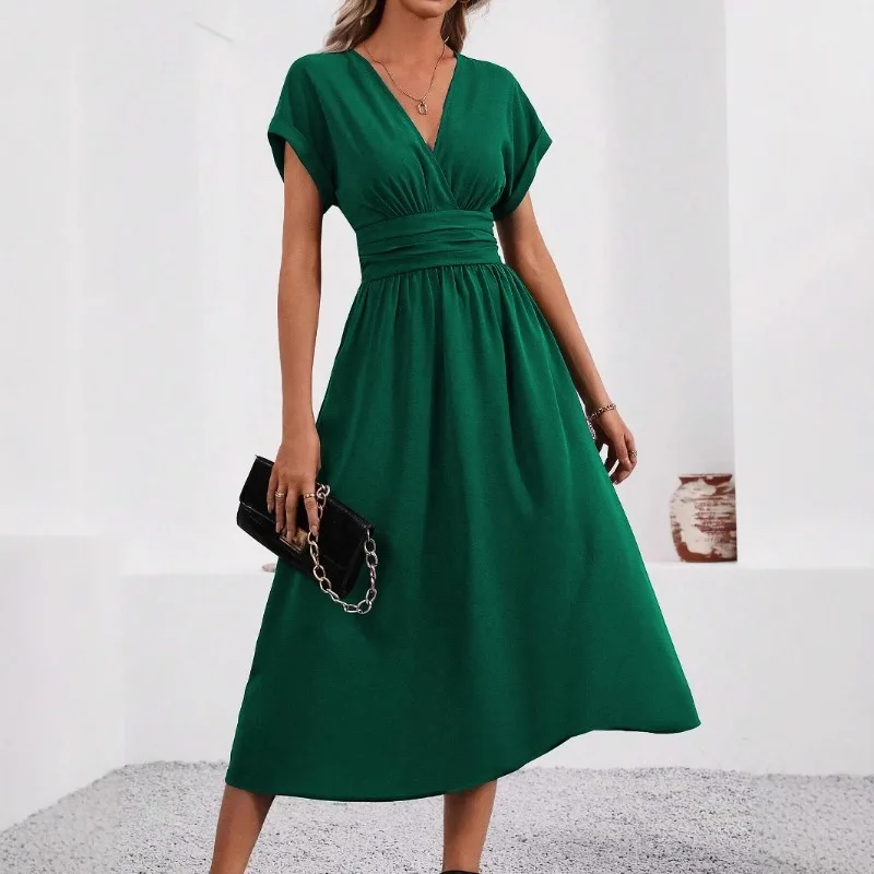 Dresses 2025 Woman Summer Solid-Color V-Neck Batwing-Sleeve Pleated Long Elegant Dress Woman Clothing Tops Skirts Y2k Clothes 2