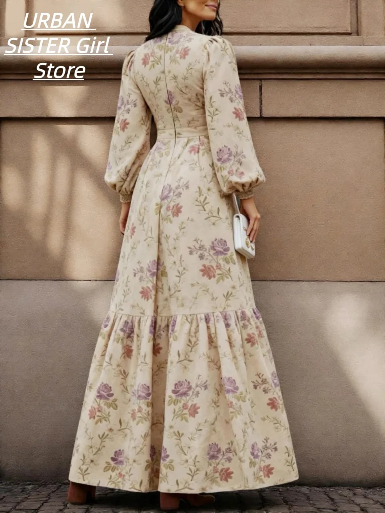 Vintage Floral Print V-Neck Puff Long Sleeve Dress with Elastic Cuffs, High Waist, Layered Ruffles, and a Long Design in a Pastoral Style for Vacation and Travel Photography 2