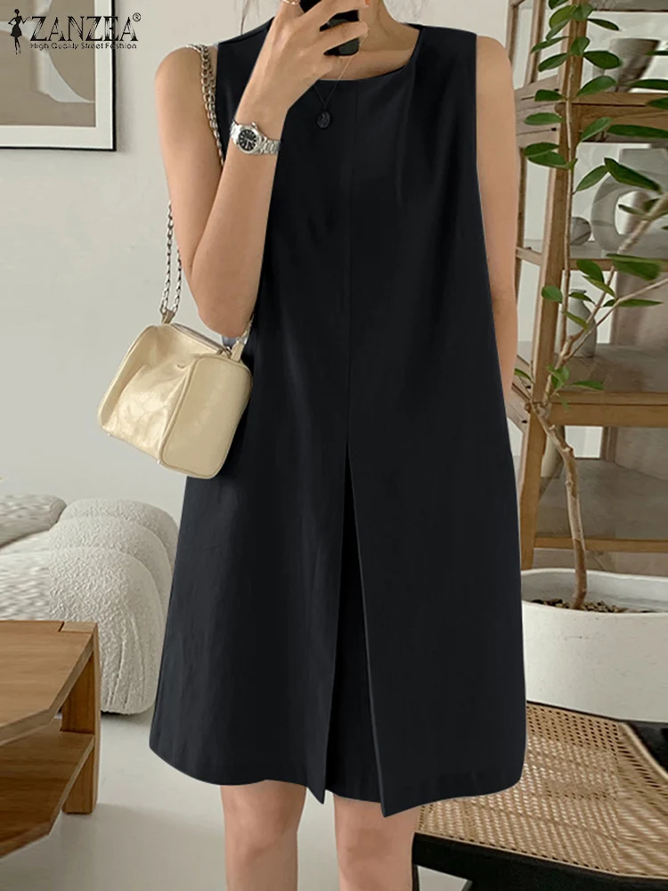 ZANZEA Women Tank Dresses Oversized 2024 Summer Sleeveless Knee Vestidos Casual Solid Loose O Neck Sundress Pockets Robes Femme 5