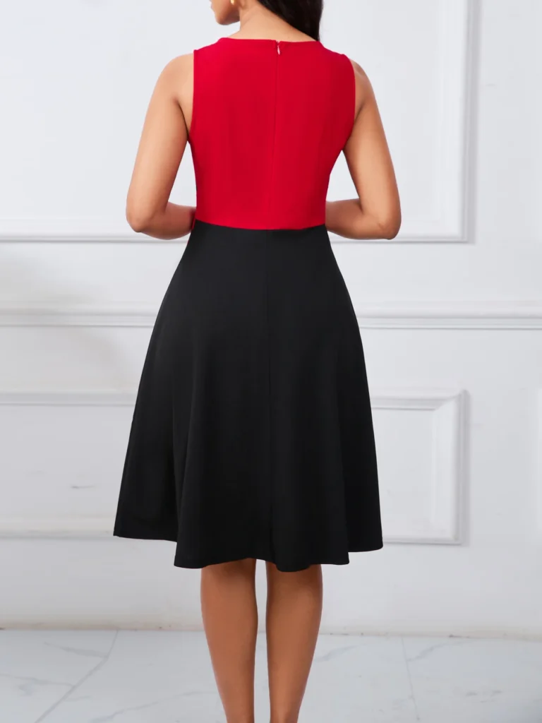 Womens Summer Sleeveless Elegant Front Zipper Work Office A-Line Colorblock Business Casual Party Slim Fit And Flare Swing Dress 3