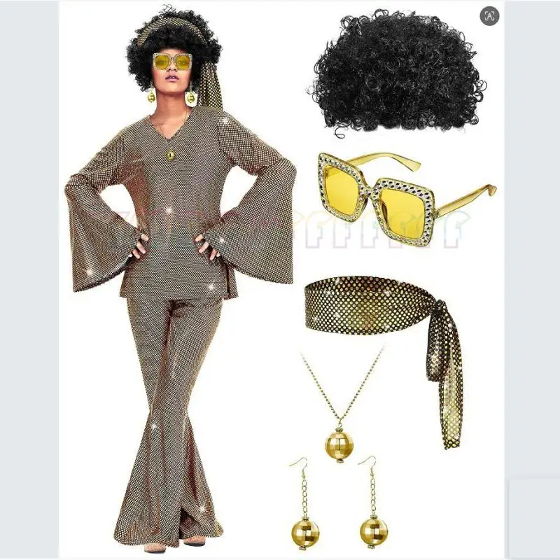 Women's Halloween Disco Party 70s Women's Disco Costume Set Top Pants Sunglasses Necklace Earrings Wig Cosplay Set 10 Color Sele 6