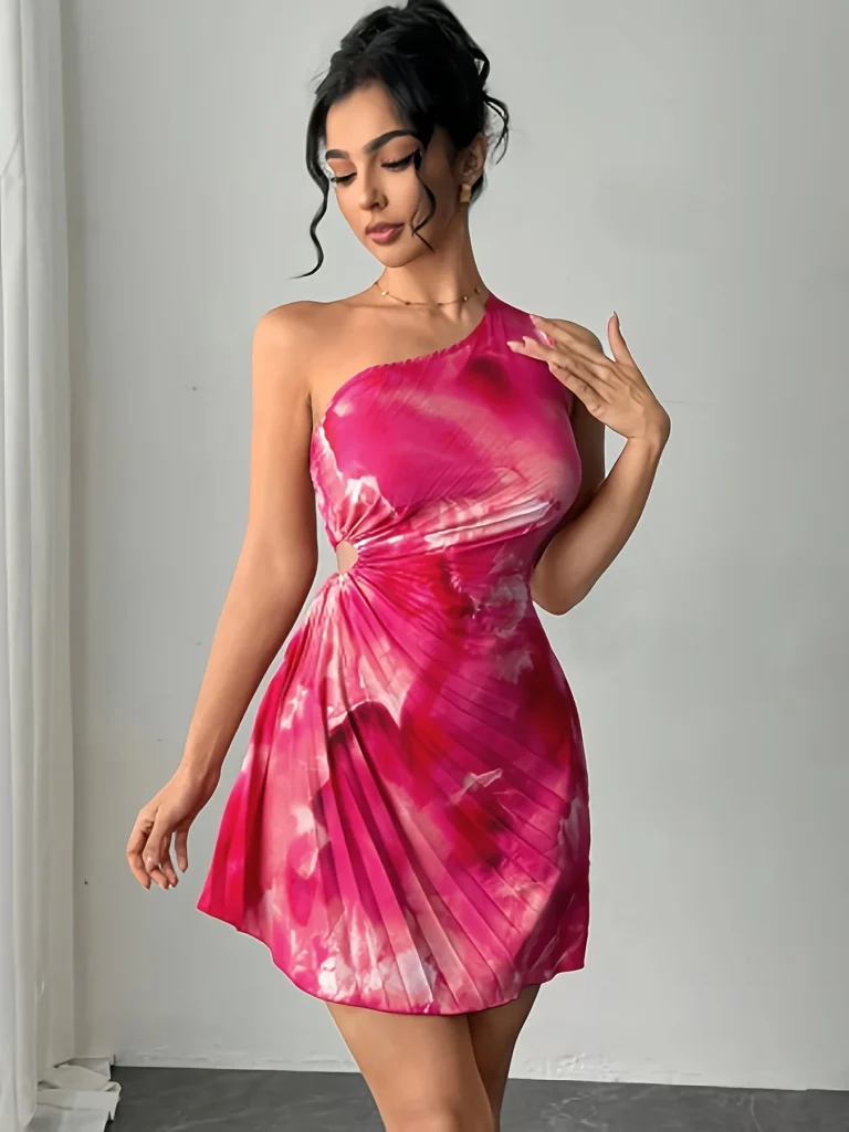 Summer Elegant Ink Print Smudge Cut-out Waist Dress Slanted Shoulder Collar Pressed Pleated Women's Dresses 3