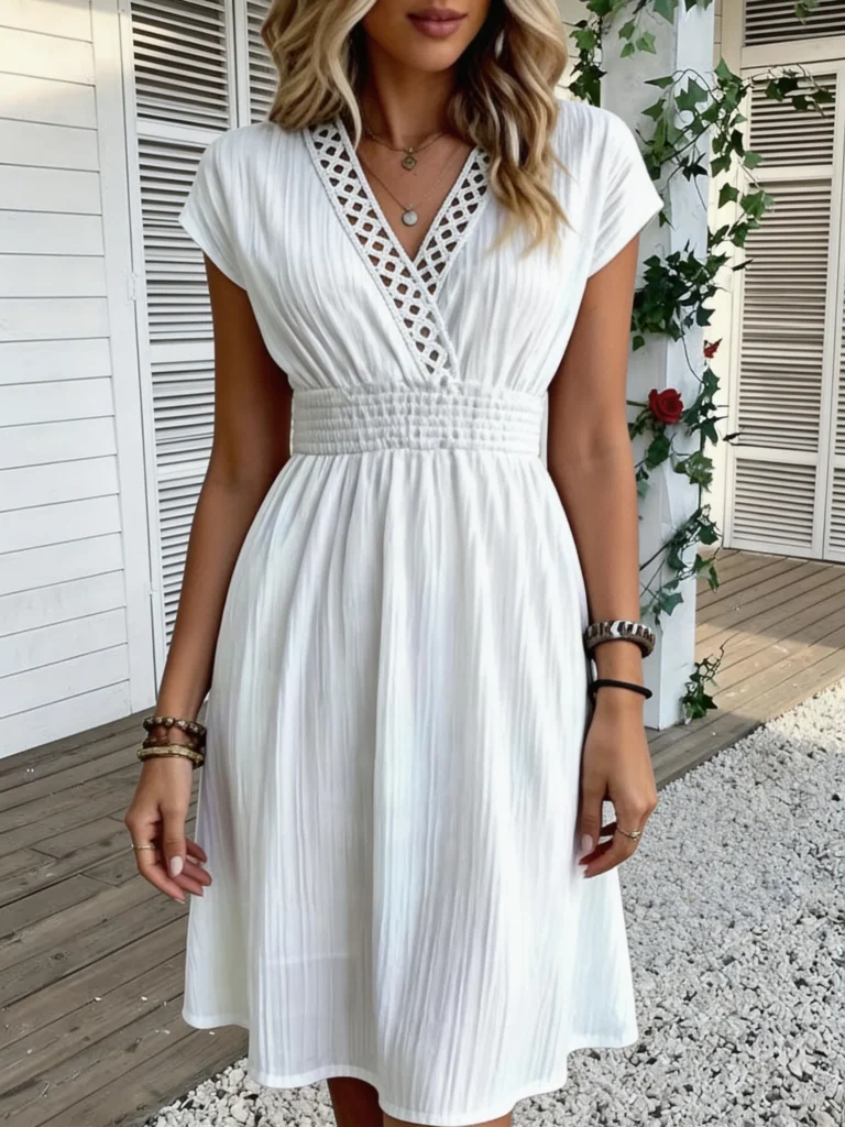 French Lace V-neck Fitted Dress with Waistline and Short Puff Sleeves. Striped Texture Short Skirt with Vertical Lines. Beach-st 3