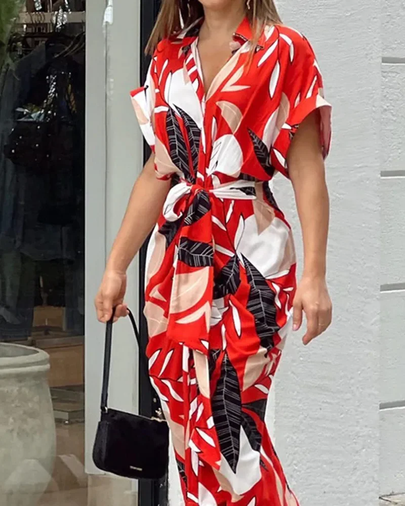 Women's Summer Casual Short Sleeved Printed Flip Collar Dress, Casual Elegant Button Up Women's Belt Dress 1