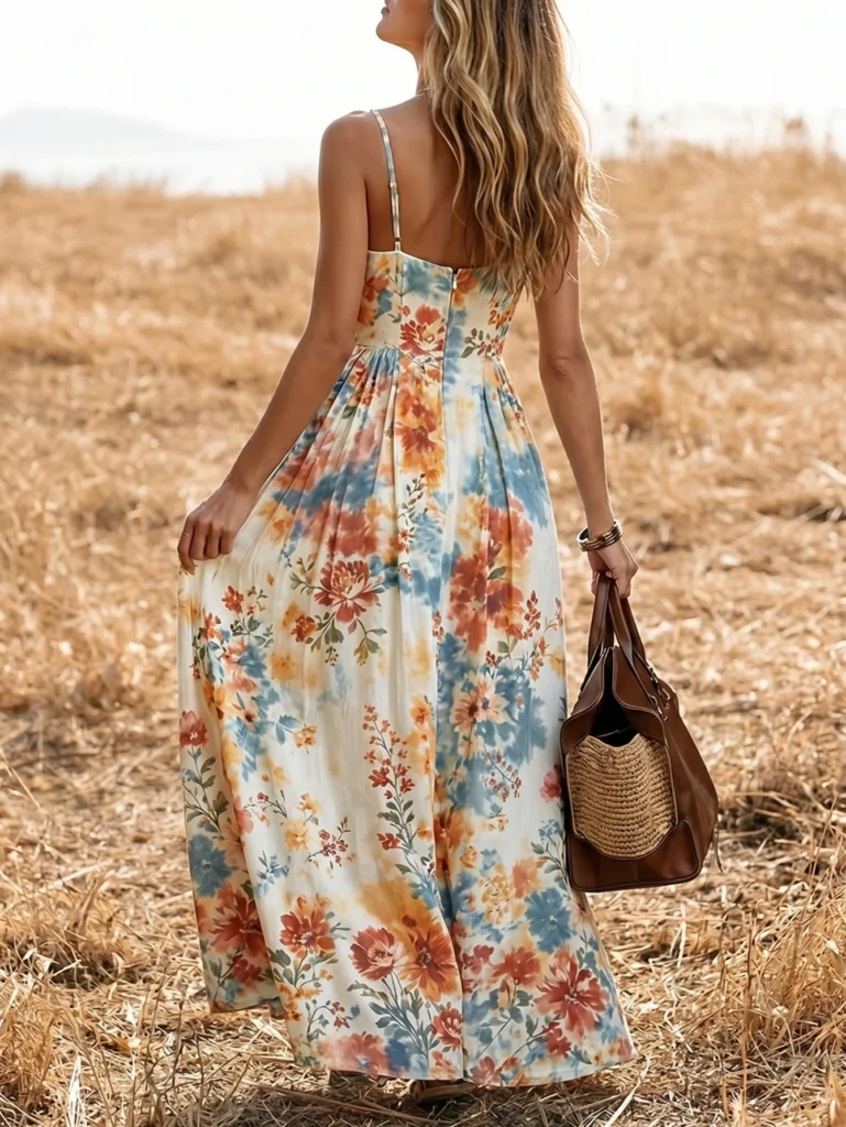 Women V Neck Spaghetti Strap Floral Print Maxi Dress Button Front A Line Flowy Dress For Casual Holiday Occasion 3