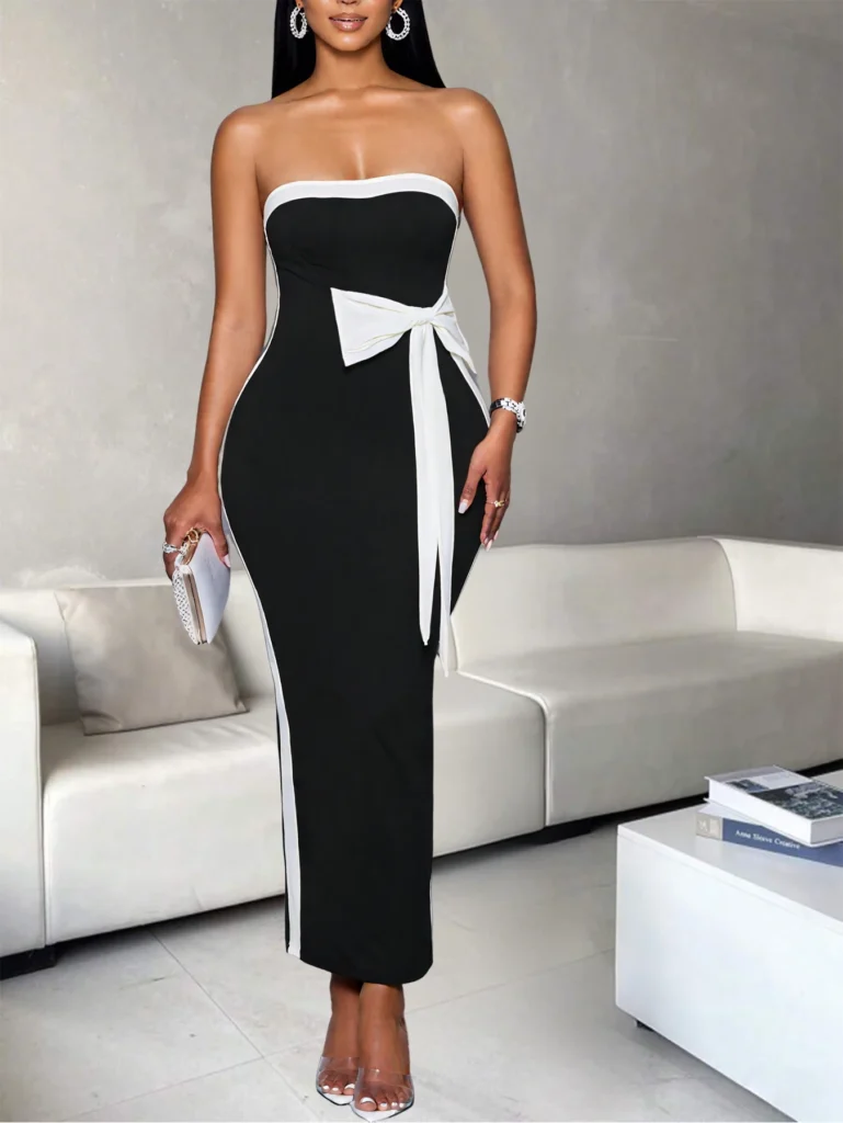 Ladies Fashion Elegant Color Block Knot Design One Shoulder Dress Stylish Graceful Versatile Butterfly Bow Dress for Women 2