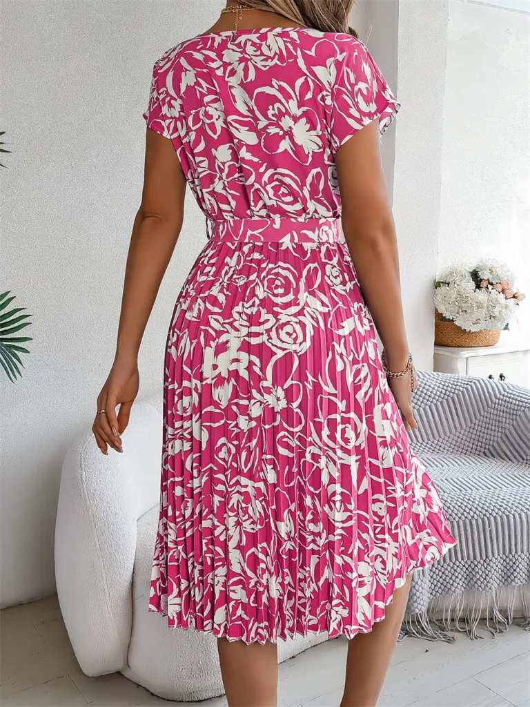 Elegant Floral Short Sleeved Pleated Dress Women Round Neck Medium Long Spring Summer Causal A Line Dress 2