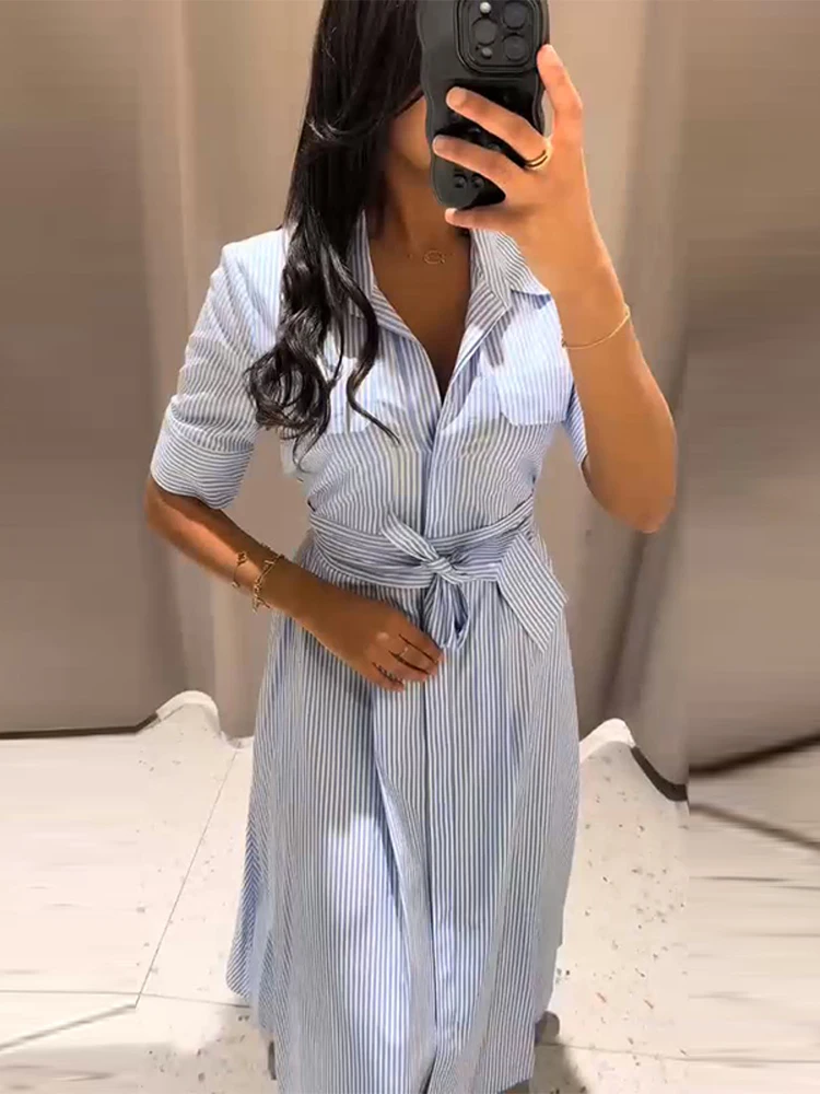 Elegant Women's Striped Long Dress Summer Lace Up Turn-Down Collar Single-breasted Blue A-line Dresses 2026 Lady Holiday Robes 3