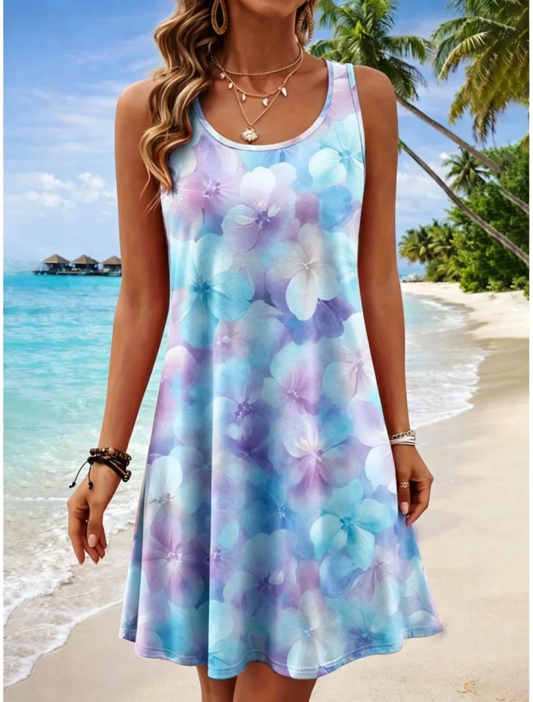 Plus Size Women's Round Neck Sleeveless Tropical 3d Print Casual A-Line Mini Dress, Beach Tank Dresses for Spring & Summer 1