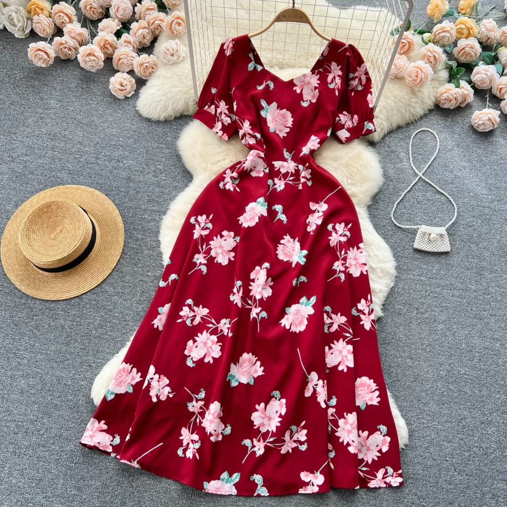 Sweet Style Square Collar Short-sleeve Print Contrast Color High Waist A-line Women's Dress 2024 Summer New Dresses 3