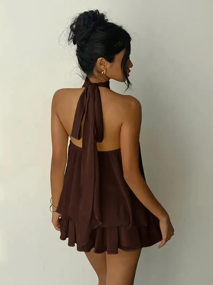 Women Halter Neck Backless Tie Mini Dress Summer Sleeveless Chiffon Ruffle Short Dresses Sexy Club Party Beach Vacation Outfit 2