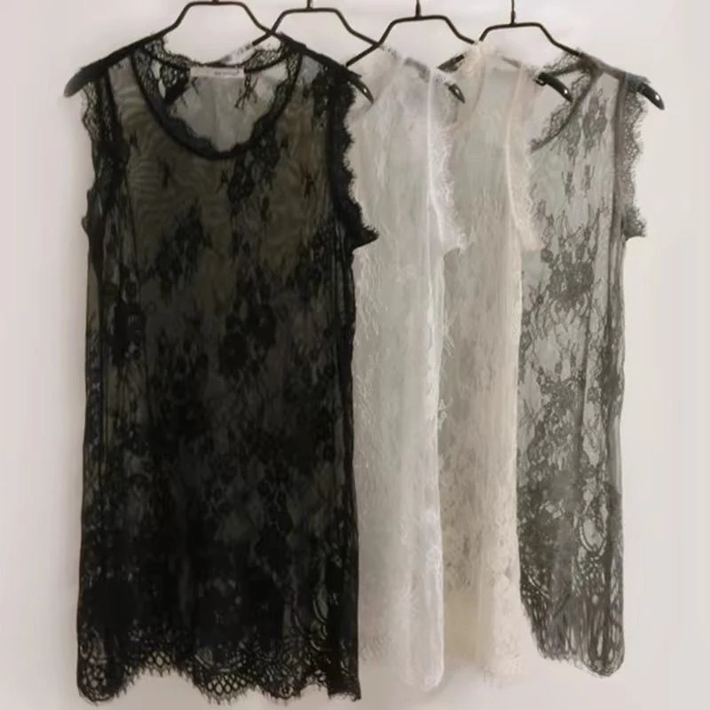 Loose Lace Me Base irt Top Thin Hollow out Long Vest Spring Summer New Korean Sle Women's Faion Casual round Ne Dr 1