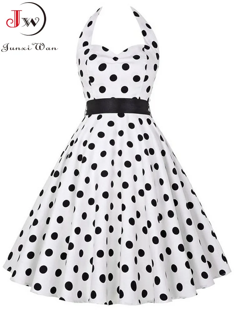 Polka Dot Dress Women Vintage Swing Halter Belt 50s 60s Rockabilly Prom Party Dresses Retro Feminino Vestidos 2