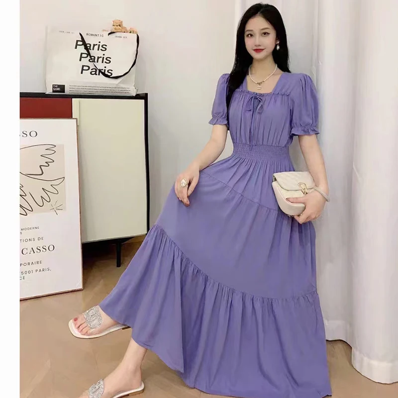 Summer New Cotton Silk Floral Print Maxi Dr ort Sve Beachwear High Waist Young Women's Large Skirt Swing Dr 6