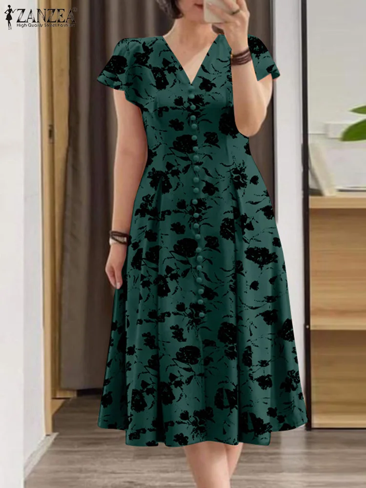 Women Elegant OL Work Floral Mid-calf Sundress ZANZEA Fashion Summer V Neck Short Sleeve Printed Dress Vintage Holiday Vestido 3