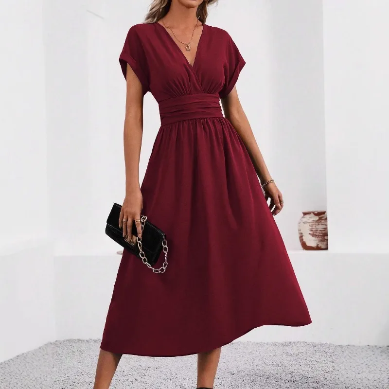 Dresses 2025 Woman Summer Solid-Color V-Neck Batwing-Sleeve Pleated Long Elegant Dress Woman Clothing Tops Skirts Y2k Clothes 4