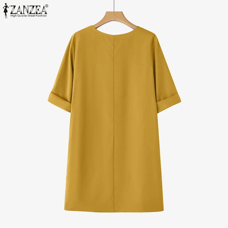 ZANZEA Elegant Women Party Dress 2026 Summer Fashion 3/4 Sleeve Casual Shirt Vestidos Pockets Loose Solid Knee-length Sundress 5
