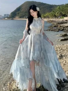 Beachside Fairylike Off-Shoulder Dress Irregular Hem Blue Floral Print Vacation Atmosphere High Waist Gauze Skirt Women's Fas...