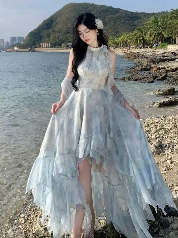 Beachside Fairylike Off-Shoulder Dress Irregular Hem Blue Floral Print Vacation Atmosphere High Waist Gauze Skirt Women's Fas... 1