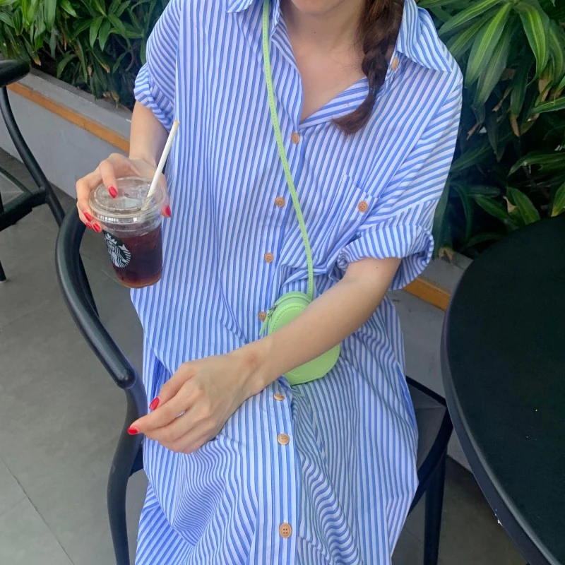 Fashion Blue Stripes Women Shirt Dress Loose Short Sleeve Lapel Elegant Summer Casual Dress Buttons Pocket Office Long Dress 2