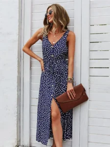 V Neck Print Sleeveless Causal Long Dress Women Fashion Spring Summer Dress with Belt