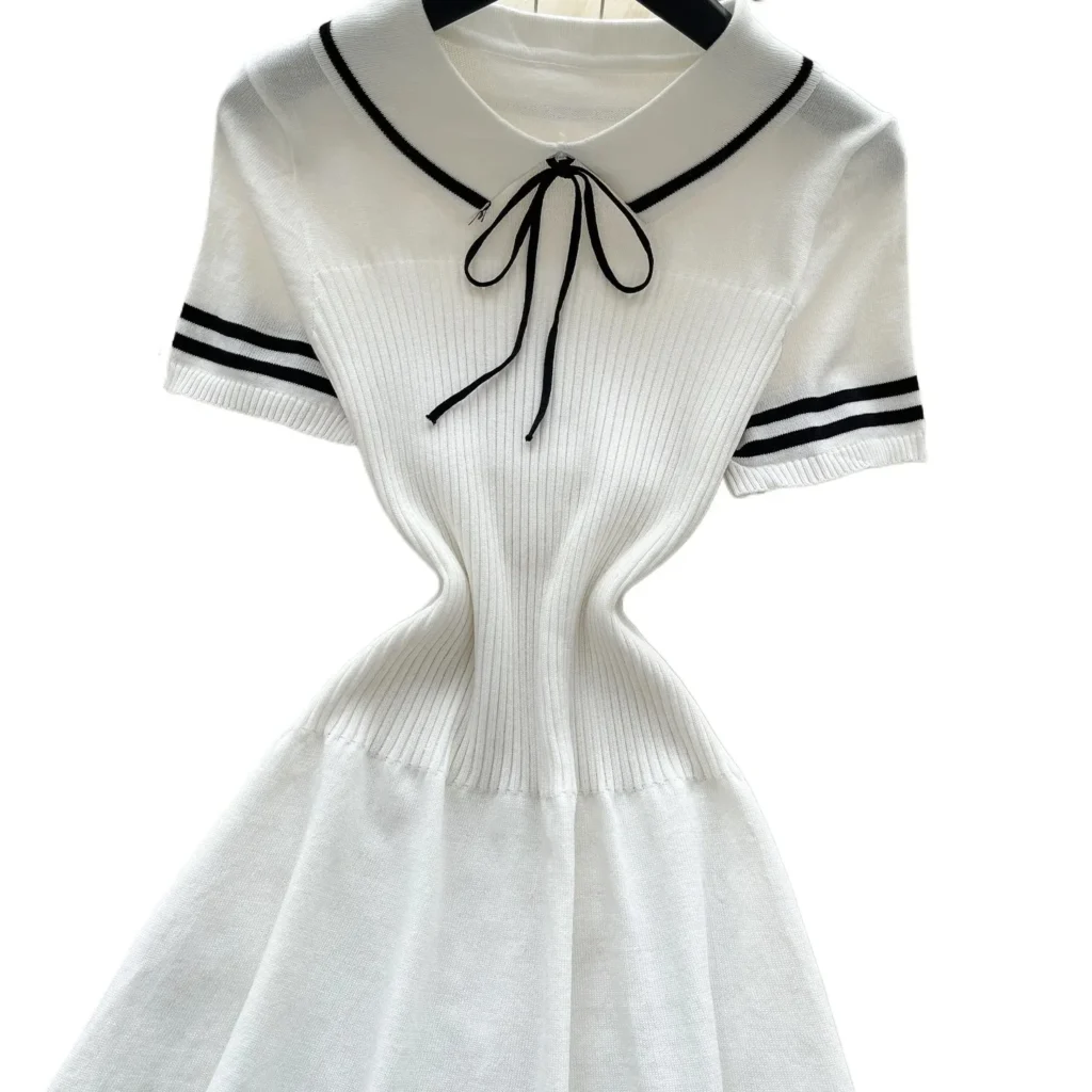 Women's White Short Sleeve Peter Pan Collar Bow Sundress Striped Hem Stretchy Ribbed Knit A-Line Mini Dress Casual Party Dress 5