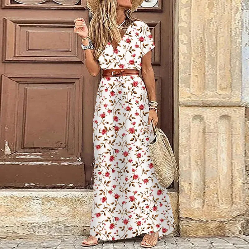 Elegant Floral Pleated H shaped Midi Dress Female V Neck Puff Sleeve Waist Ruched Button Dresses Women Summer Dress Robe 6