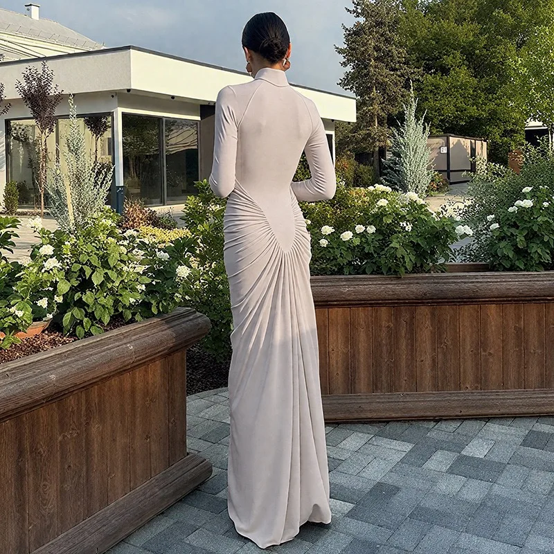 Elegant Solid Long Sleeve Backless Long Dress For Women Solid Skinny Elasticity Party Vestidos Bodycon Ruched Dress 2025 Winter 2