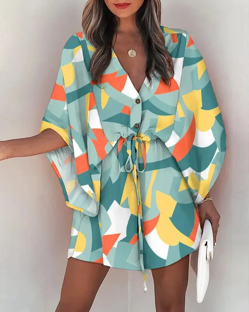 Women Print Dress Sexy V-Neck Bat Sleeve Ruffl Flowers Print Bohemian Beach Sundress Ladies Loose Summer Vacation Mini Dresses 3