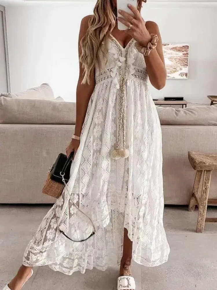 Summer Fashion Sexy Beach Vacation Long Dress Lace Sleeveless Women Dress V Neck Hollow Out Elegant Loose Dresses 4