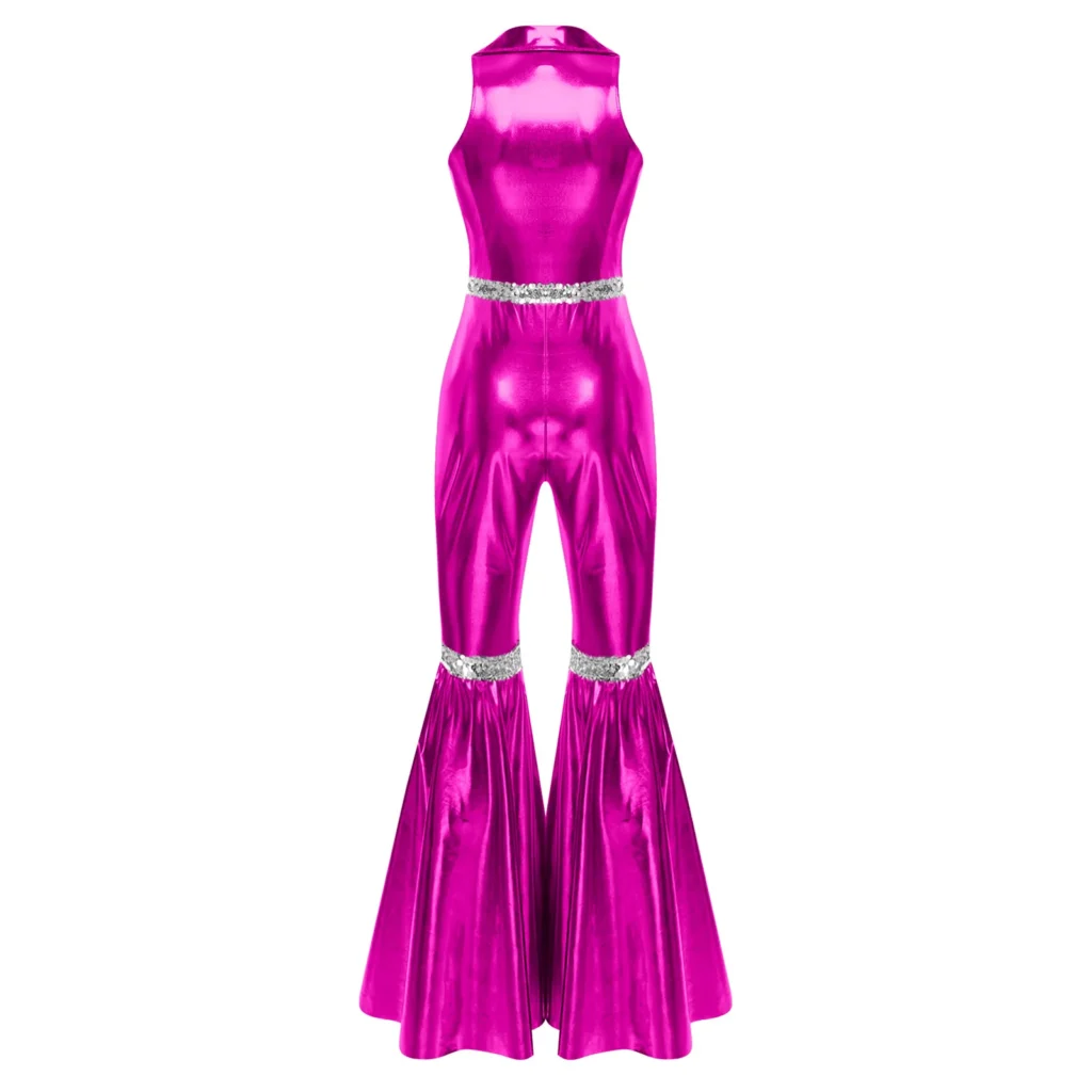 Womens Metallic Shiny Jazz Hip Hop Dance Performance Costume 70s 80s Disco Party Rompers Bell-bottom Hippie Jumpsuit Dancewear 5