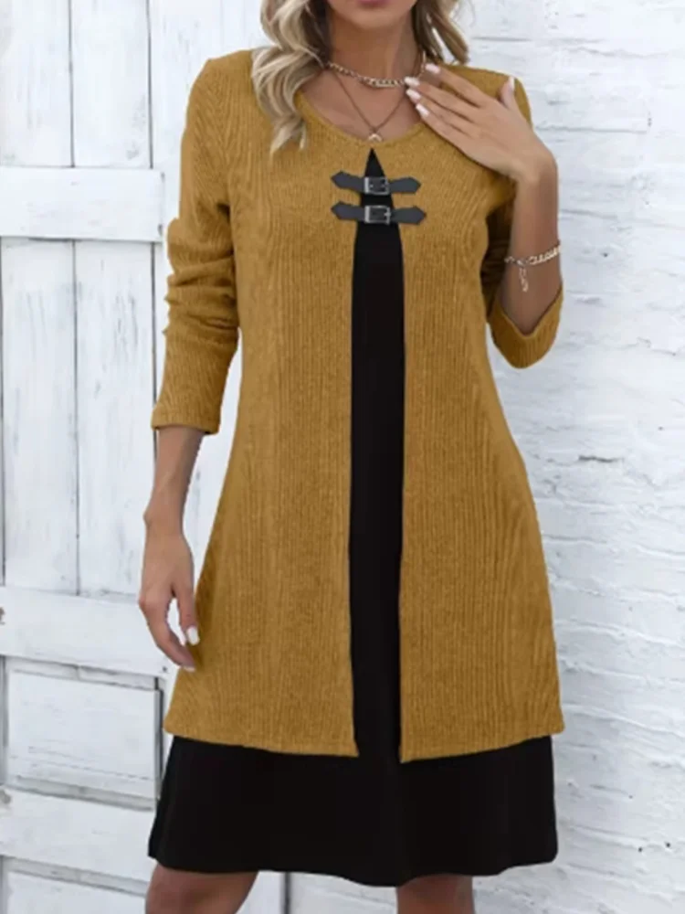 Women's Fashion Midi Dress, Ribbed Knit Construction with Contrast Insert and Buckle Detail 4