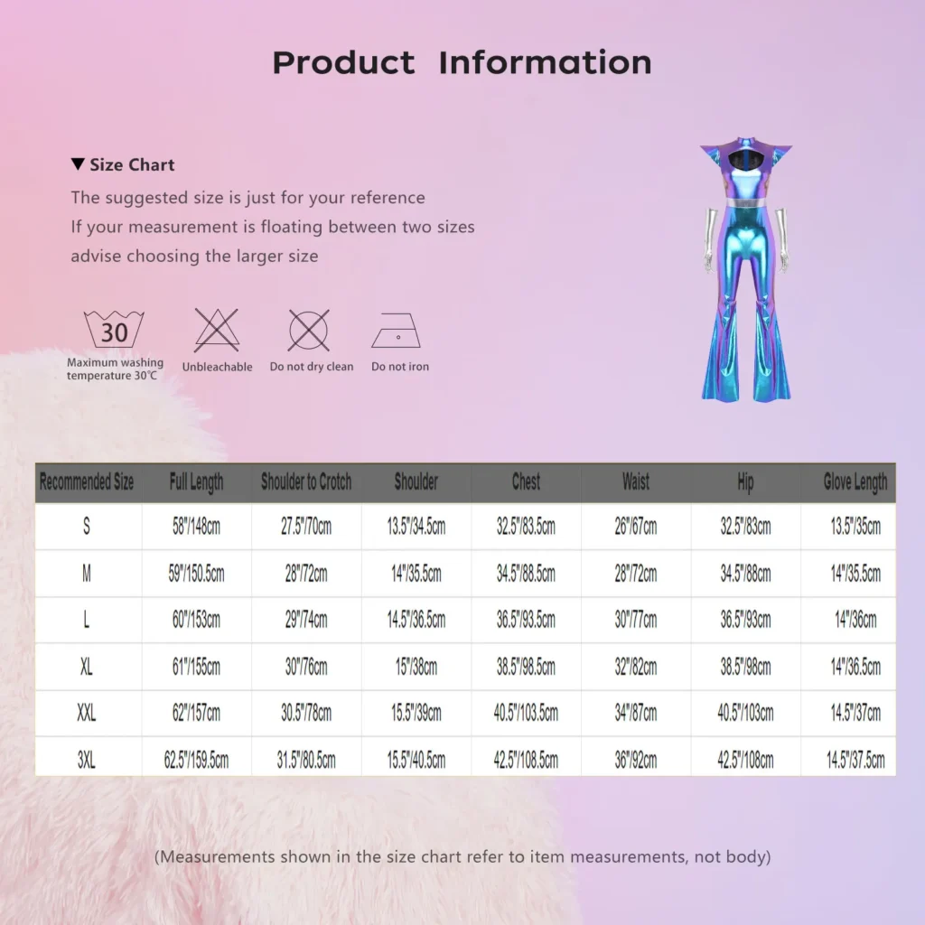 Womens Alien Cosplay Costume Metallic Shiny Disco Jazz Dance Flare Jumpsuit with Gloves Cutout Chest Bell Bottom Pants Bodysuit 6
