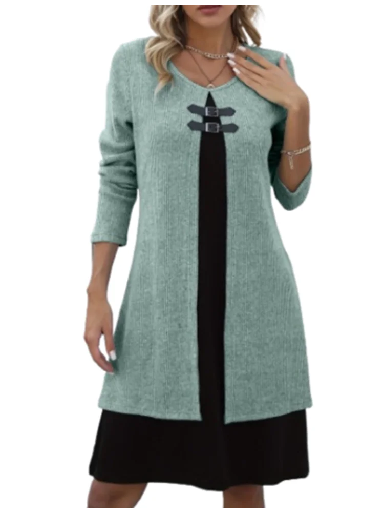 Women's One Piece Color Blocked Round Neck Dress Lady Long Sleeved  Button Up Dress Autumn Casual Elegant Dress 2