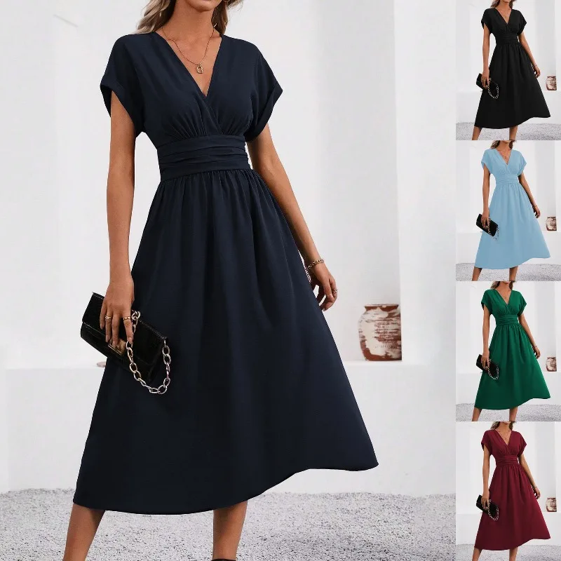 Dresses 2025 Woman Summer Solid-Color V-Neck Batwing-Sleeve Pleated Long Elegant Dress Woman Clothing Tops Skirts Y2k Clothes 1