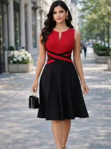 Womens Summer Sleeveless Elegant Front Zipper Work Office A-Line Colorblock Business Casual Party Slim Fit And Flare Swing Dress