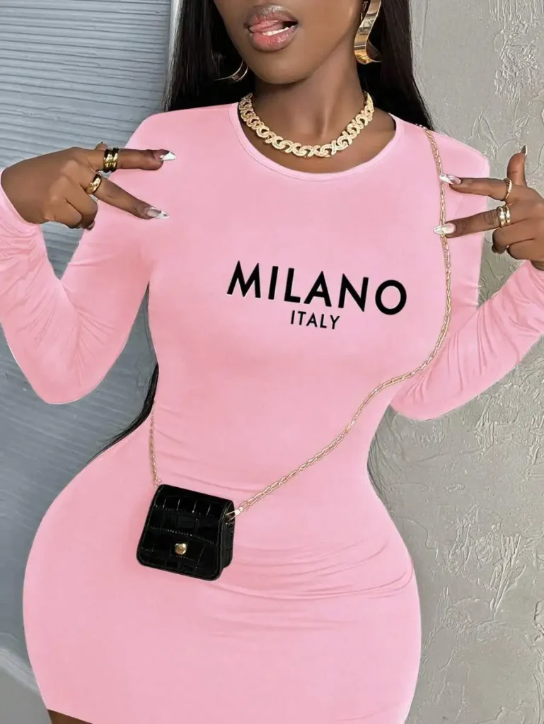 Womens Long Sleeve Bodycon Dress, Casual Slogan Graphic, Spring/Summer & Autumn/Winter Chic Style 2