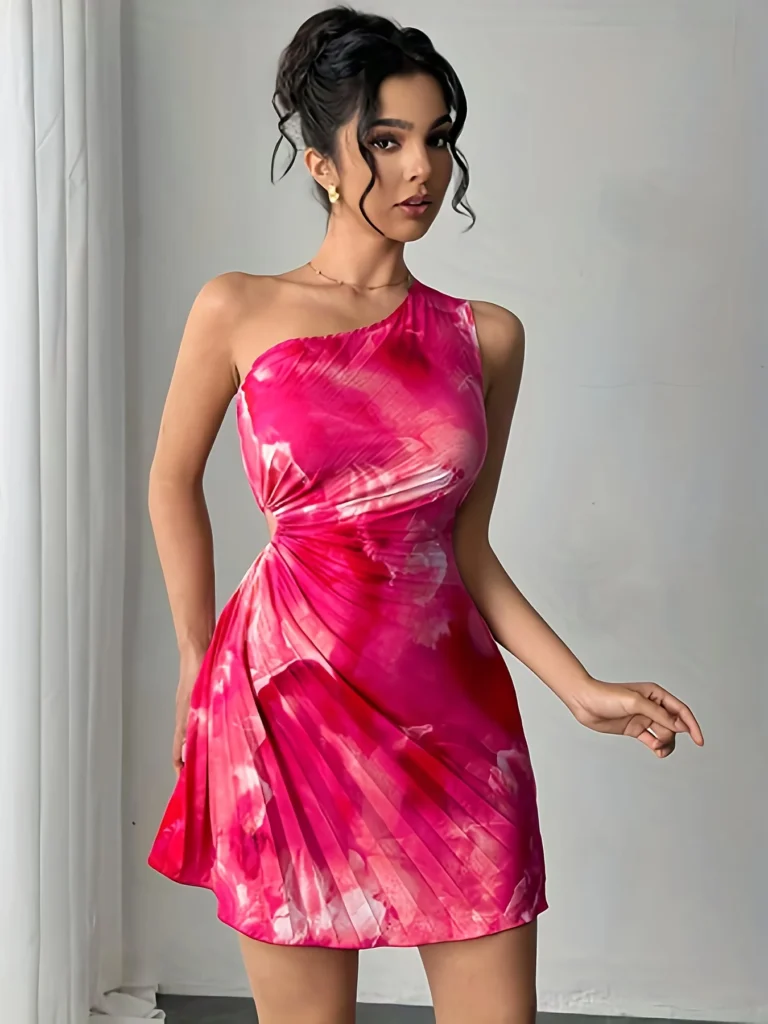 Summer Elegant Ink Print Smudge Cut-out Waist Dress Slanted Shoulder Collar Pressed Pleated Women's Dresses 4
