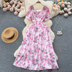 Sweet Style Square Collar Short-sleeve Print Contrast Color High Waist A-line Women's Dress 2024 Summer New Dresses
