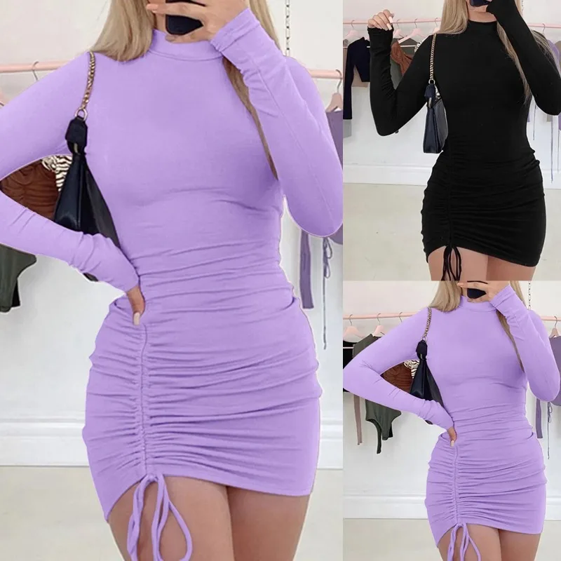 Female Dresses Outfits Women'S Dress Long Sleeve Solid Color Drawstring O-Neck Tight-Fitting Vestidos De Fiesta Elegantes 2025 4