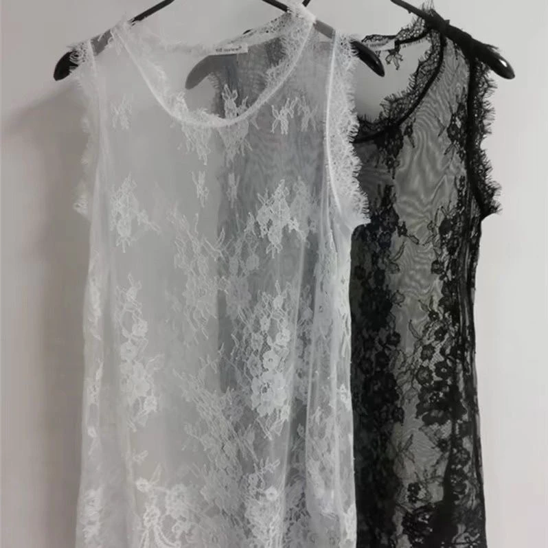 Loose Lace Me Base irt Top Thin Hollow out Long Vest Spring Summer New Korean Sle Women's Faion Casual round Ne Dr 3