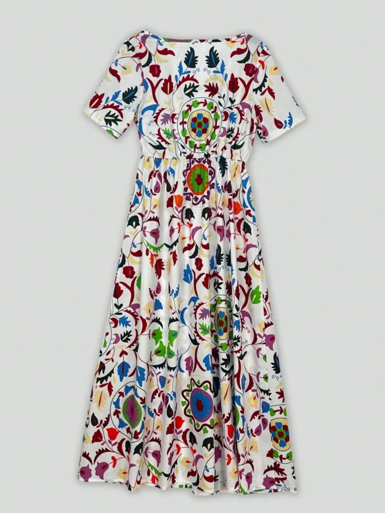Bohemian Maxi Dress for Women Floral Print V Neck Short Sleeve Loose Waist Swing Long Summer Casual Dress 2