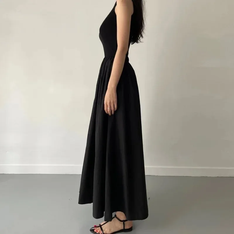New Summer Simple Elegant Black Long Dresses For Women Round Neck Sleeveless High Waist Temperament Female Fashion Style Dress 5
