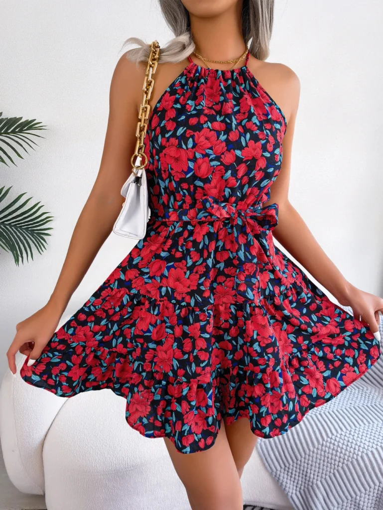 Women Summer Casual Floral Print Ruffle Halter Dress 4