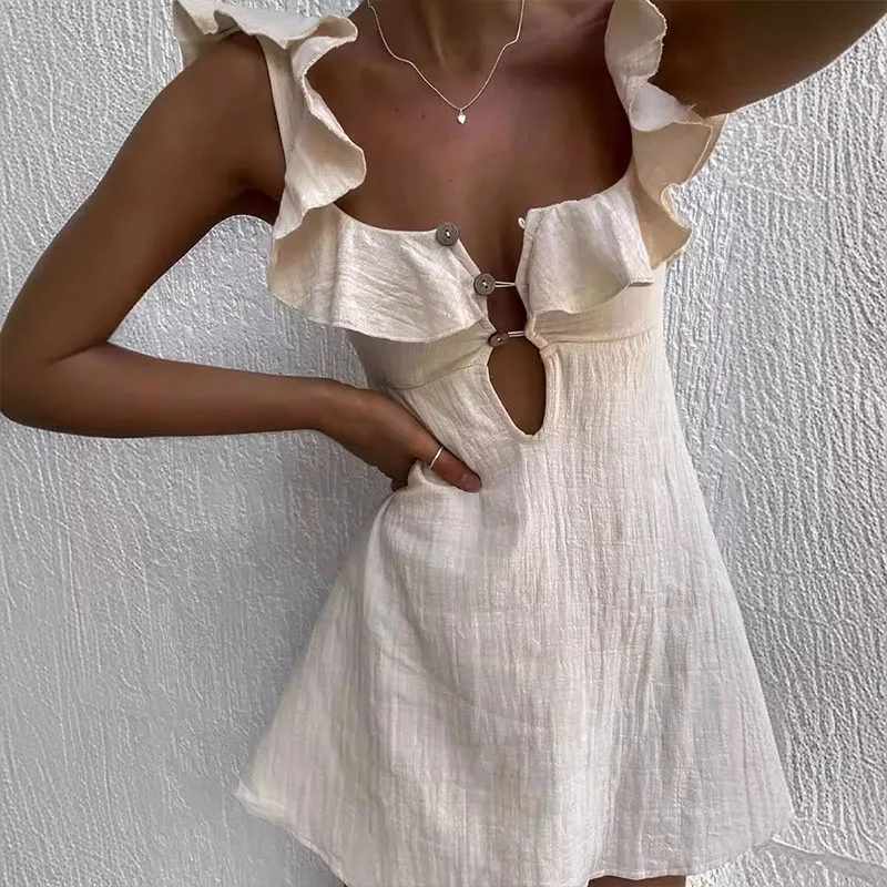 Summer Hollow Out Button Ruffles Short Dress Sexy V Neck Sleeveless Solid Color Dress New Holiday Beach Cotton Linen Mini Dress 4